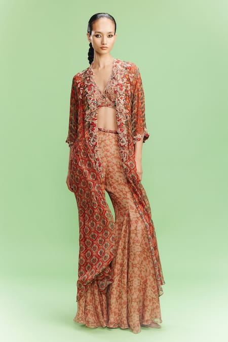 Dolly J Orange Chiffon Print Acanthus Bloom Mellow Poetry Embellished Cape Sharara Set 