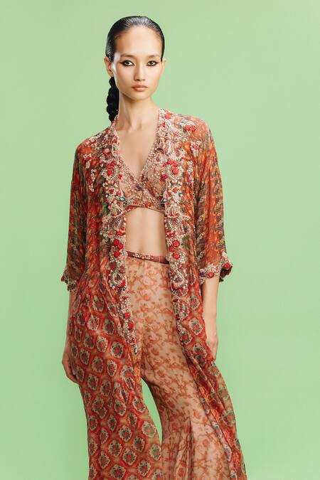 Dolly J Orange Chiffon Embroidery Mellow Poetry Print Embellished Cape Sharara Set Online at Aza Fashions Dolly J_Orange Chiffon Embroidery Mellow Poetry Print Embellished Cape Sharara Set _Online_at_Aza_Fashions
