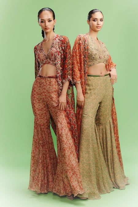 Shop Dolly J Orange Chiffon Embroidery Mellow Poetry Print Embellished Cape Sharara Set Online at Aza Fashions Shop_Dolly J_Orange Chiffon Embroidery Mellow Poetry Print Embellished Cape Sharara Set _Online_at_Aza_Fashions