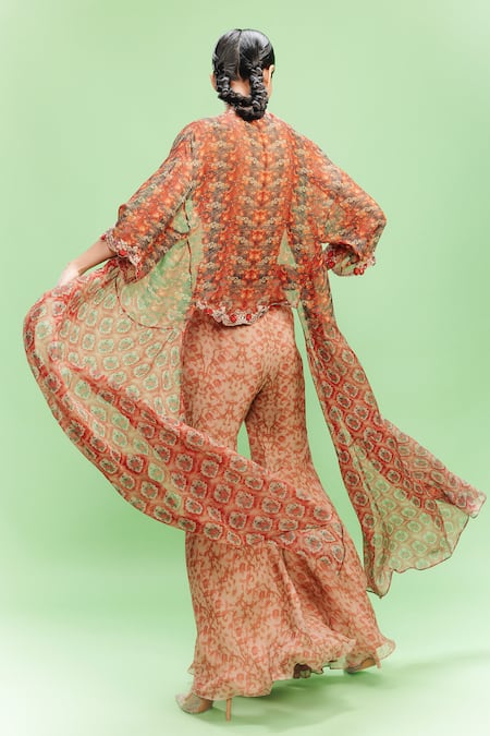 Dolly J Mellow Poetry Print Embellished Cape Sharara Set 