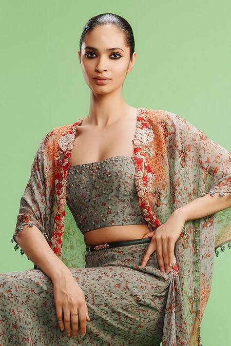 Buy Dolly J Grey Chiffon Embroidery Square Bianka Ditsy Print Embellished Cape Skirt Set Online at Aza Fashions Buy_Dolly J_Grey Chiffon Embroidery Square Bianka Ditsy Print Embellished Cape Skirt Set _Online_at_Aza_Fashions