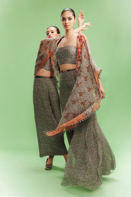 Dolly J Grey Chiffon Embroidery Square Bianka Ditsy Print Embellished Cape Skirt Set at Aza Fashions Dolly J_Grey Chiffon Embroidery Square Bianka Ditsy Print Embellished Cape Skirt Set _at_Aza_Fashions