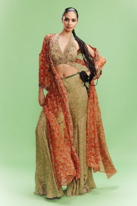 Dolly J Elviera Print Embellished Cape Sharara Set 