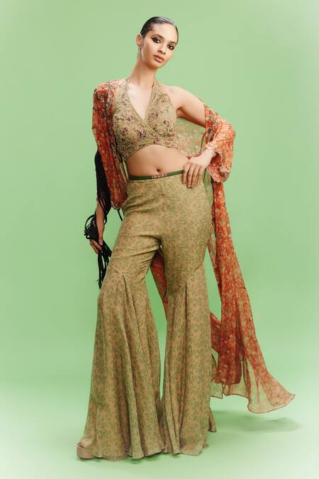 Buy Dolly J Green Chiffon Embroidery V-neck Elviera Print Embellished Cape Sharara Set Online at Aza Fashions Buy_Dolly J_Green Chiffon Embroidery V-neck Elviera Print Embellished Cape Sharara Set _Online_at_Aza_Fashions