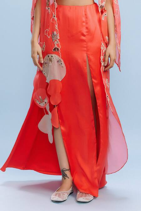 Buy_Dolly J_Orange Satin Beads Open Neck Addelyn Ocean Flora Embroidered Cape Skirt Set _Online_at_Aza_Fashions
