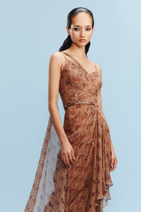 Dolly J Chloe Retro Flora Print Draped Gown 