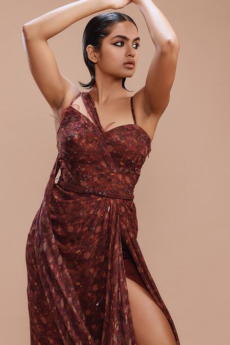 Dolly J_Maroon Chiffon Sequins, Beads Daisy Dew Printed Asymmetric Draped Gown _Online_at_Aza_Fashions