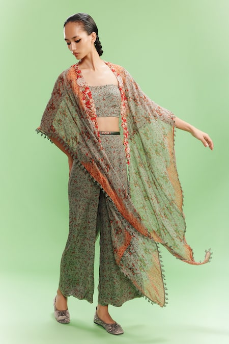 Dolly J Green Chiffon Print Ditsy Fleur Open Neck Jazz Cape Sharara Set 