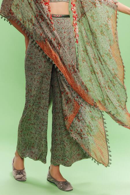 Dolly J_Green Chiffon Embroidery Square Neck Jazz Ditsy Fleur Print Cape Sharara Set _Online_at_Aza_Fashions