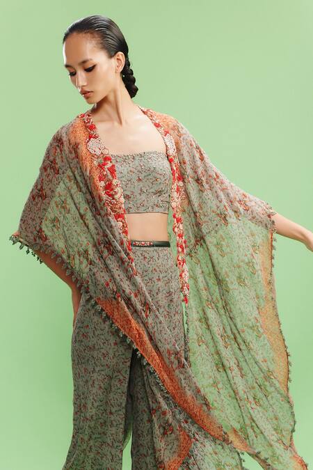 Buy_Dolly J_Green Chiffon Embroidery Square Neck Jazz Ditsy Fleur Print Cape Sharara Set _Online_at_Aza_Fashions