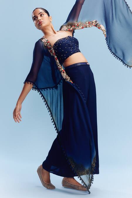 Dolly J_Blue Chiffon Beads, Embroidery Open Neck Inessa Midnight Fleur Cape Sharara Set_Online_at_Aza_Fashions