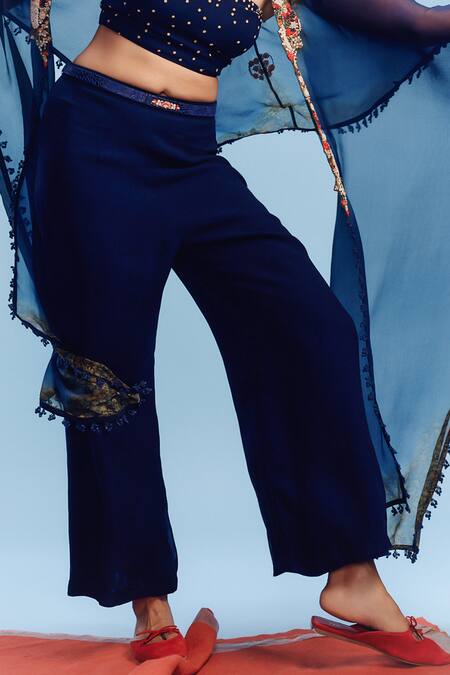 Buy_Dolly J_Blue Chiffon Beads, Embroidery Open Neck Inessa Midnight Fleur Cape Sharara Set_Online_at_Aza_Fashions