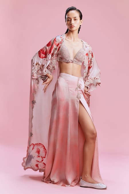 Dolly J Pink Satin Print Rafflesia Sweetheart Neck Evara Embellished Cape Skirt Set 