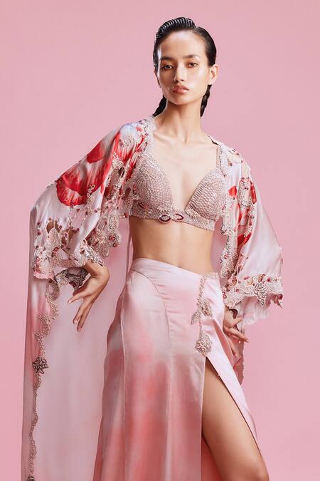 Dolly J Pink Satin Sequins, Embroidery Evara Rafflesia Print Embellished Cape Skirt Set Online at Aza Fashions Dolly J_Pink Satin Sequins, Embroidery Evara Rafflesia Print Embellished Cape Skirt Set _Online_at_Aza_Fashions