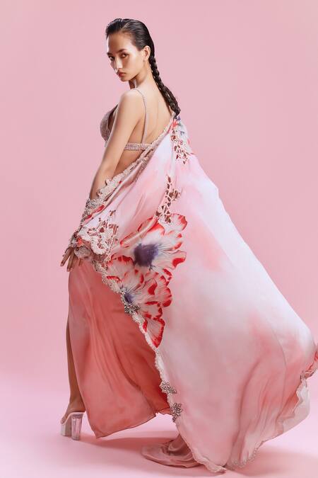 Shop Dolly J Pink Satin Sequins, Embroidery Evara Rafflesia Print Embellished Cape Skirt Set Online at Aza Fashions Shop_Dolly J_Pink Satin Sequins, Embroidery Evara Rafflesia Print Embellished Cape Skirt Set _Online_at_Aza_Fashions