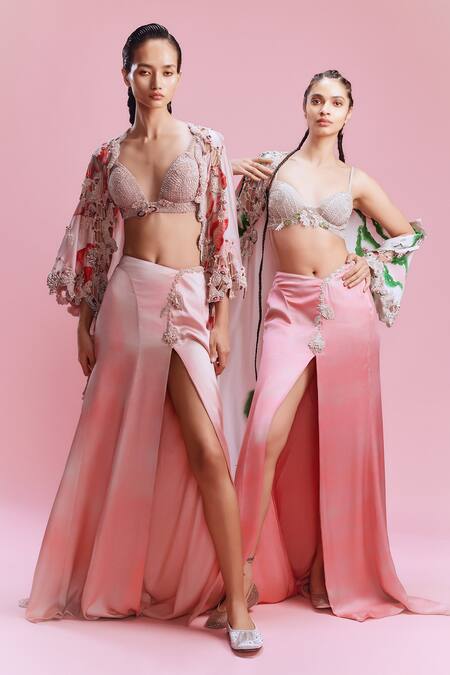 Dolly J_Pink Satin Sequins, Pearls Anika Waterwave Print Embellished Cape Skirt Set _Online_at_Aza_Fashions