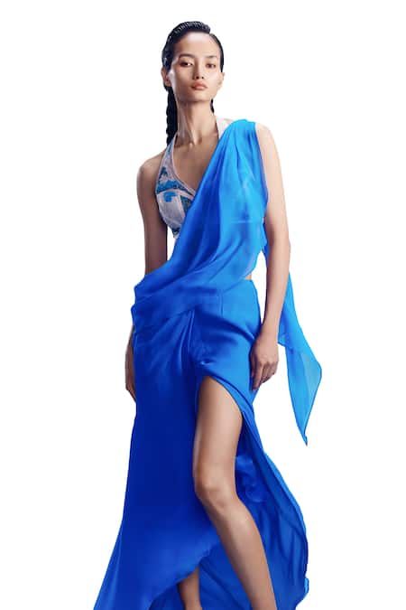 Buy_Dolly J_Blue Chiffon Beads, Embroidery Halter Neck Elisiya Pre-draped Saree With Blouse _Online_at_Aza_Fashions