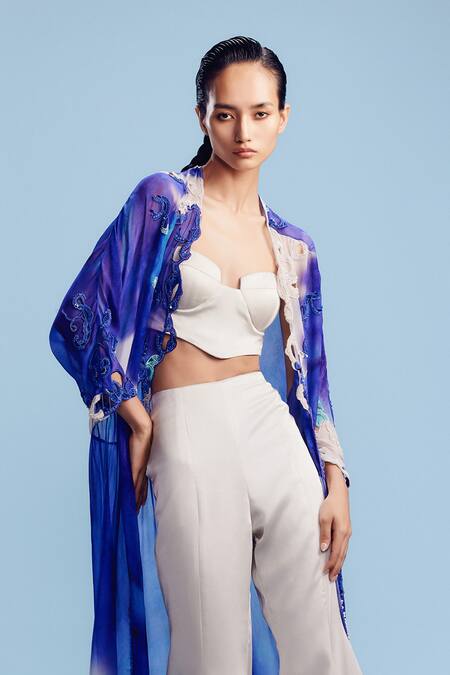Dolly J_Blue Chiffon, Satin Pearls, Sequins Open Neck, Tara Embroidered Jacket Pant Set _Online_at_Aza_Fashions