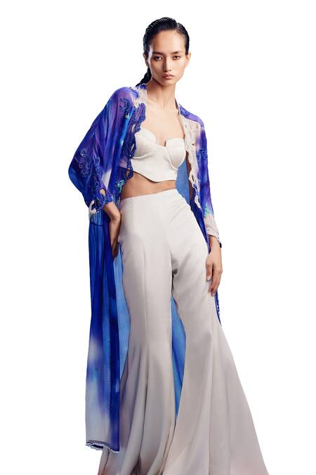Buy_Dolly J_Blue Chiffon, Satin Pearls, Sequins Open Neck, Tara Embroidered Jacket Pant Set _Online_at_Aza_Fashions