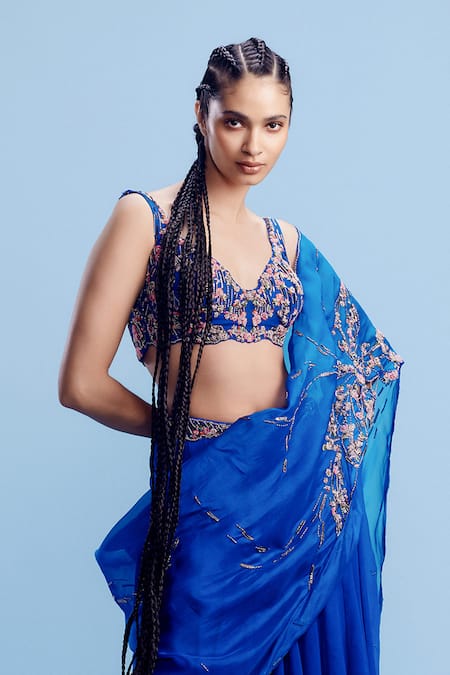 Dolly J Blue Chiffon Embroidery, Zari V-neck Kai Blouse Lehenga Set Online at Aza Fashions Dolly J_Blue Chiffon Embroidery, Zari V-neck Kai Blouse Lehenga Set _Online_at_Aza_Fashions