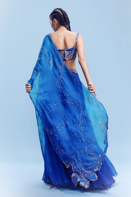 Shop Dolly J Blue Chiffon Embroidery, Zari V-neck Kai Blouse Lehenga Set at Aza Fashions Shop_Dolly J_Blue Chiffon Embroidery, Zari V-neck Kai Blouse Lehenga Set _at_Aza_Fashions