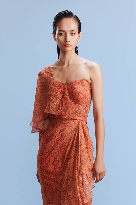 Dolly J_Orange Chiffon Embroidery, Sequins One Keeva Floral Print Draped Gown With Belt _Online_at_Aza_Fashions