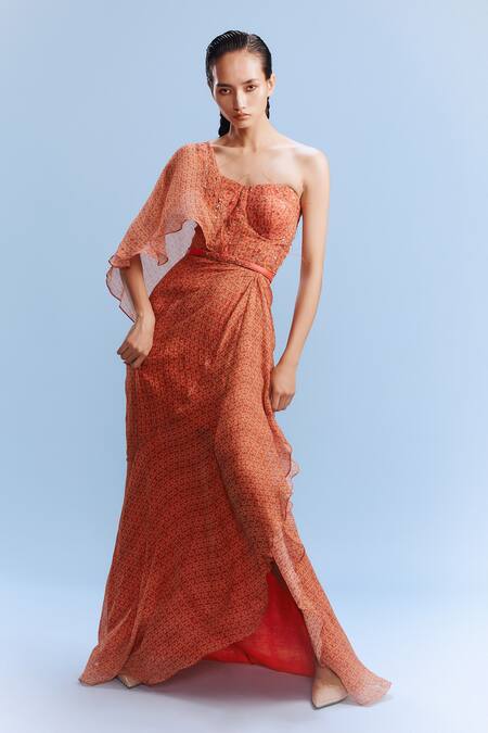 Buy_Dolly J_Orange Chiffon Embroidery, Sequins One Keeva Floral Print Draped Gown With Belt _Online_at_Aza_Fashions