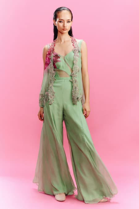 Dolly J Green Chiffon Embroidered Thread Shrug Open Neck Elara With Jumpsuit 