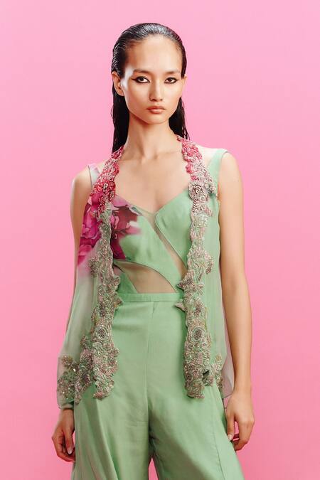 Dolly J_Green Chiffon Embroidery V-, Open Elara Shrug With Jumpsuit _Online_at_Aza_Fashions