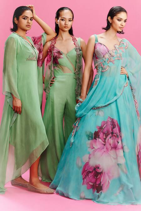 Buy_Dolly J_Green Chiffon Embroidery V-, Open Elara Shrug With Jumpsuit _Online_at_Aza_Fashions