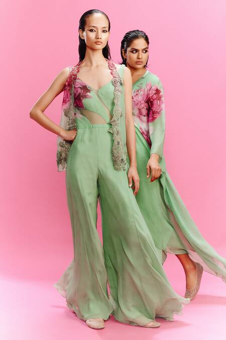 Shop_Dolly J_Green Chiffon Embroidery V-, Open Elara Shrug With Jumpsuit _Online_at_Aza_Fashions