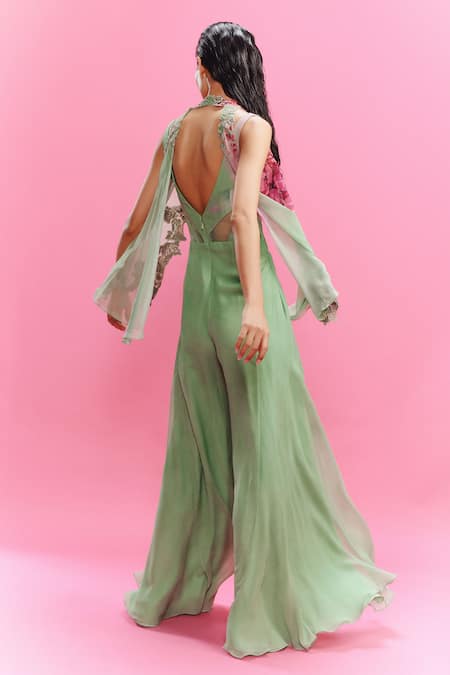 Shop_Dolly J_Green Chiffon Embroidery V-, Open Elara Shrug With Jumpsuit _at_Aza_Fashions