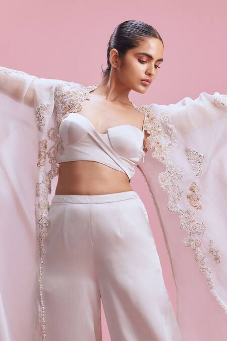 Dolly J_Ivory Satin, Organza Embroidery Sweetheart , Open Naz Cape Pant Set _Online_at_Aza_Fashions
