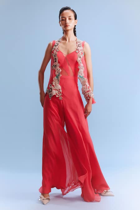 Dolly J Coral Chiffon Embroidered Thread Shrug Open Neck Nera With Jumpsuit 