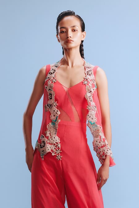 Dolly J Coral Chiffon Embroidery, Beads V-neck Nera Shrug With Jumpsuit Online at Aza Fashions Dolly J_Coral Chiffon Embroidery, Beads V-neck Nera Shrug With Jumpsuit_Online_at_Aza_Fashions