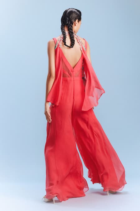 Shop Dolly J Coral Chiffon Embroidery, Beads V-neck Nera Shrug With Jumpsuit at Aza Fashions Shop_Dolly J_Coral Chiffon Embroidery, Beads V-neck Nera Shrug With Jumpsuit_at_Aza_Fashions