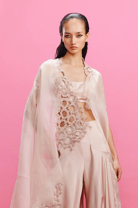 Dolly J_Peach Satin, Organza Lace, Embroidery Sweetheart Neck, Elora Cape Sharara Set _Online_at_Aza_Fashions