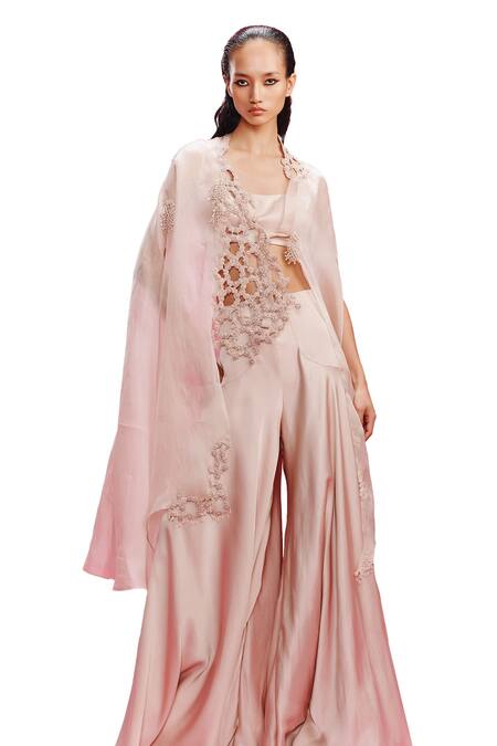 Buy_Dolly J_Peach Satin, Organza Lace, Embroidery Sweetheart Neck, Elora Cape Sharara Set _Online_at_Aza_Fashions