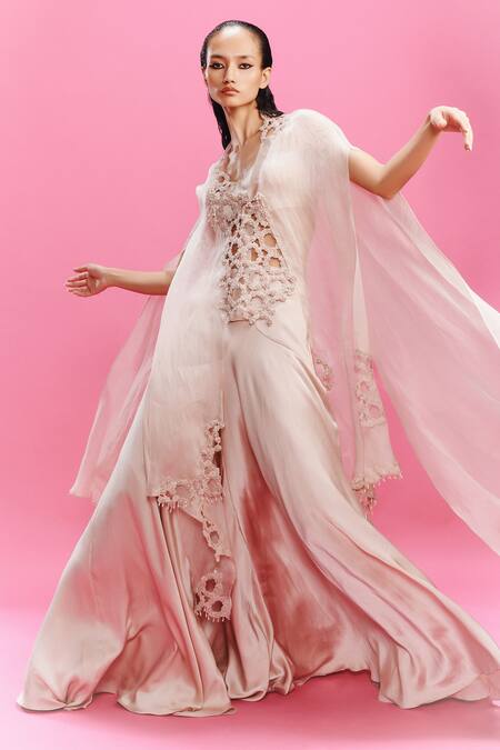 Shop_Dolly J_Peach Satin, Organza Lace, Embroidery Sweetheart Neck, Elora Cape Sharara Set _Online_at_Aza_Fashions