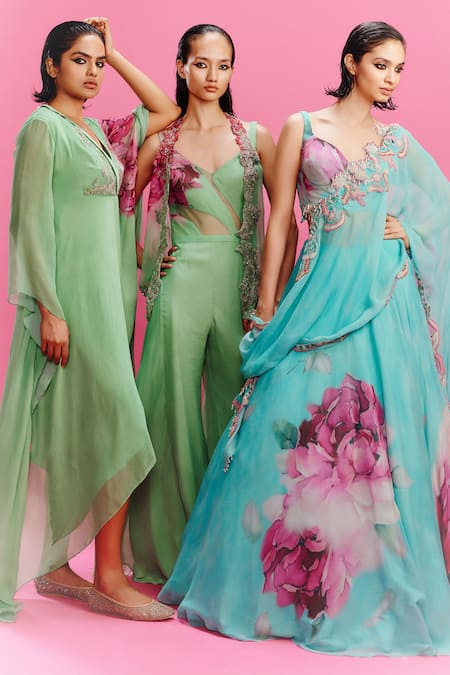 Dolly J Blue Chiffon Embroidery, Sequins V-neck Zaira Floral Print Lehenga Set Online at Aza Fashions Dolly J_Blue Chiffon Embroidery, Sequins V-neck Zaira Floral Print Lehenga Set _Online_at_Aza_Fashions