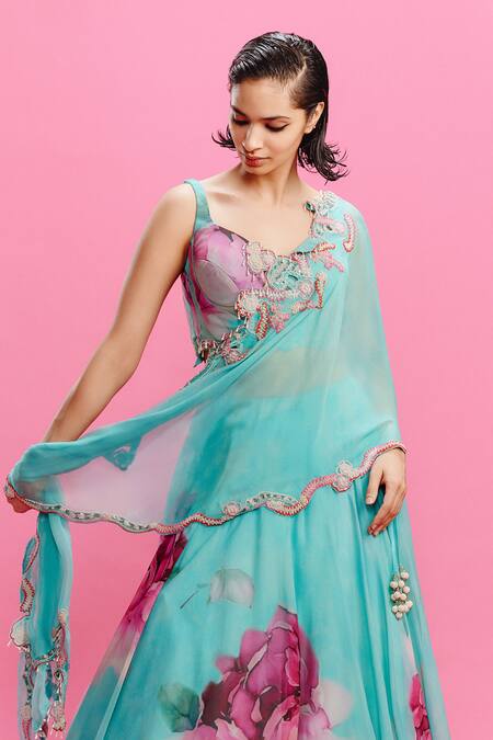 Buy Dolly J Blue Chiffon Embroidery, Sequins V-neck Zaira Floral Print Lehenga Set Online at Aza Fashions Buy_Dolly J_Blue Chiffon Embroidery, Sequins V-neck Zaira Floral Print Lehenga Set _Online_at_Aza_Fashions