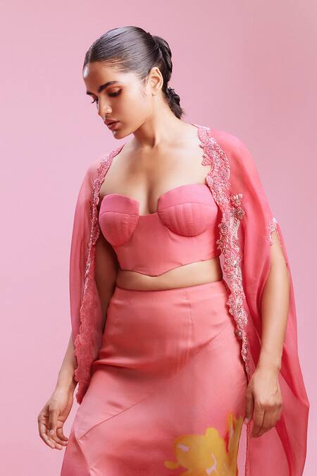 Dolly J Pink Chiffon Pearls, Embroidery Sweetheart Neck Saarah Cape Skirt Set Online at Aza Fashions Dolly J_Pink Chiffon Pearls, Embroidery Sweetheart Neck Saarah Cape Skirt Set_Online_at_Aza_Fashions