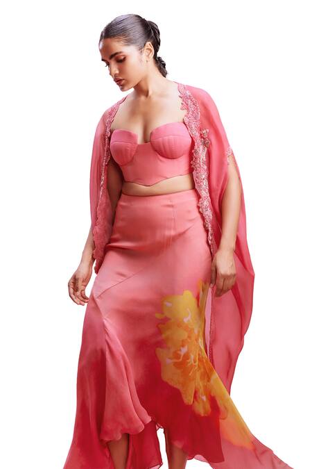 Buy Dolly J Pink Chiffon Pearls, Embroidery Sweetheart Neck Saarah Cape Skirt Set Online at Aza Fashions Buy_Dolly J_Pink Chiffon Pearls, Embroidery Sweetheart Neck Saarah Cape Skirt Set_Online_at_Aza_Fashions