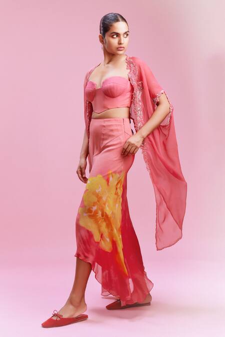 Shop Dolly J Pink Chiffon Pearls, Embroidery Sweetheart Neck Saarah Cape Skirt Set Online at Aza Fashions Shop_Dolly J_Pink Chiffon Pearls, Embroidery Sweetheart Neck Saarah Cape Skirt Set_Online_at_Aza_Fashions