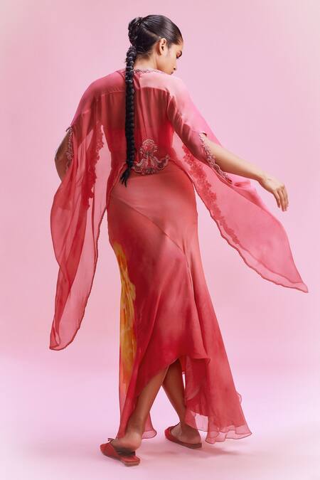 Shop Dolly J Pink Chiffon Pearls, Embroidery Sweetheart Neck Saarah Cape Skirt Set at Aza Fashions Shop_Dolly J_Pink Chiffon Pearls, Embroidery Sweetheart Neck Saarah Cape Skirt Set_at_Aza_Fashions