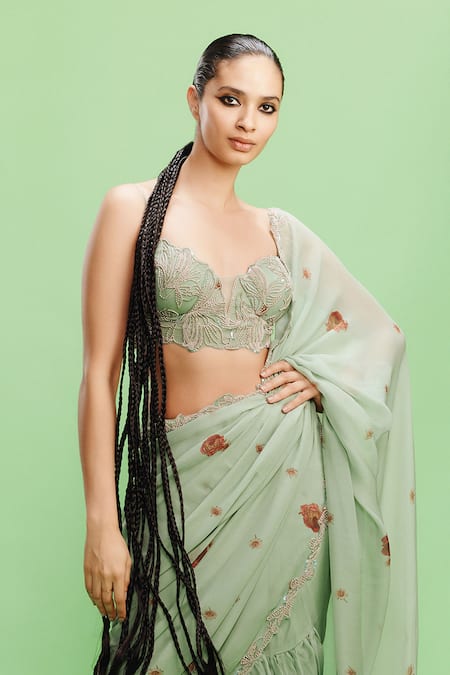 Dolly J_Green Chiffon Pearls, Sequins Sweetheart Neck Lulu Printed Saree With Blouse _Online_at_Aza_Fashions