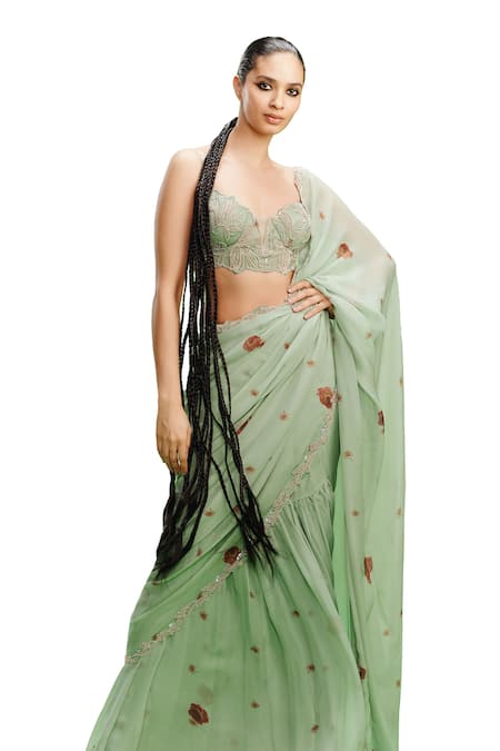 Buy_Dolly J_Green Chiffon Pearls, Sequins Sweetheart Neck Lulu Printed Saree With Blouse _Online_at_Aza_Fashions