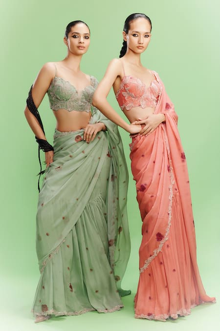 Shop_Dolly J_Green Chiffon Pearls, Sequins Sweetheart Neck Lulu Printed Saree With Blouse _Online_at_Aza_Fashions
