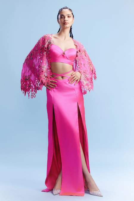 Dolly J Pink Satin Embellished Bead Cape Open Olga Honeycomb Cutwork Slit Skirt Set 