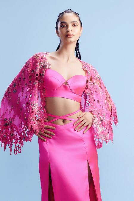 Dolly J_Pink Satin Beads, Sequins Olga Honeycomb Cutwork Embellished Cape Slit Skirt Set _Online_at_Aza_Fashions